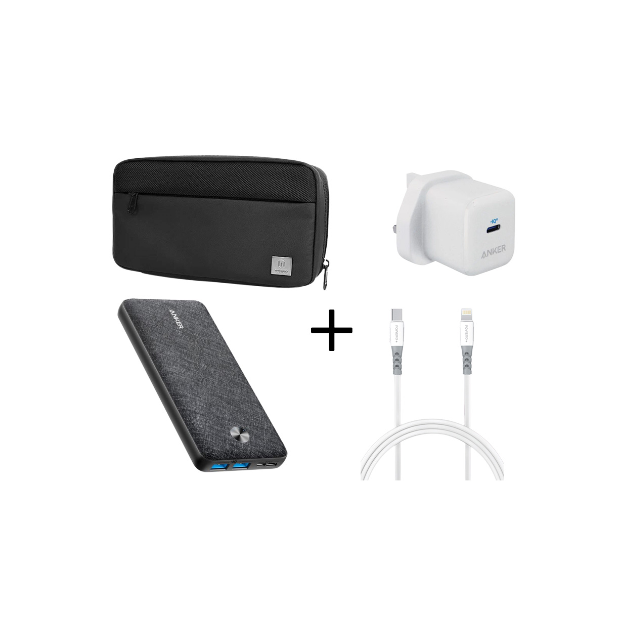 Wiwu Pouch Solo + Anker Cube Charger 20 With Anker PowerCore III Sense 10K + Powero+ cable